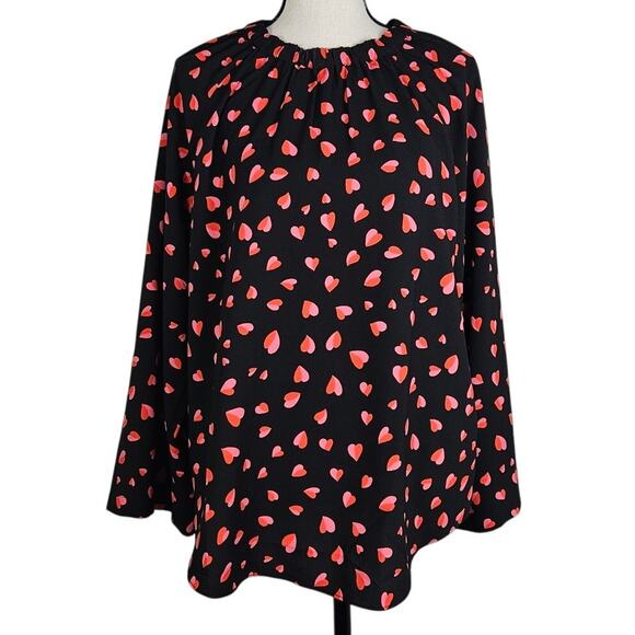 Ann Taylor Blouse Women Medium Black Pink Heart Print Long Sleeve Casual Top - Picture 1 of 8